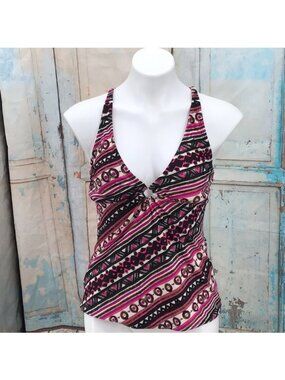 Anne Cole Collection Womens Geometric Print Halter Tankini Top Size 10 Nylon/Spa